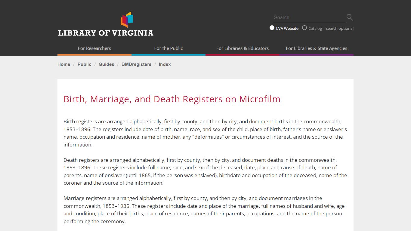Birth, Marriage, and Death Registers On Microfilm - Library of Virginia